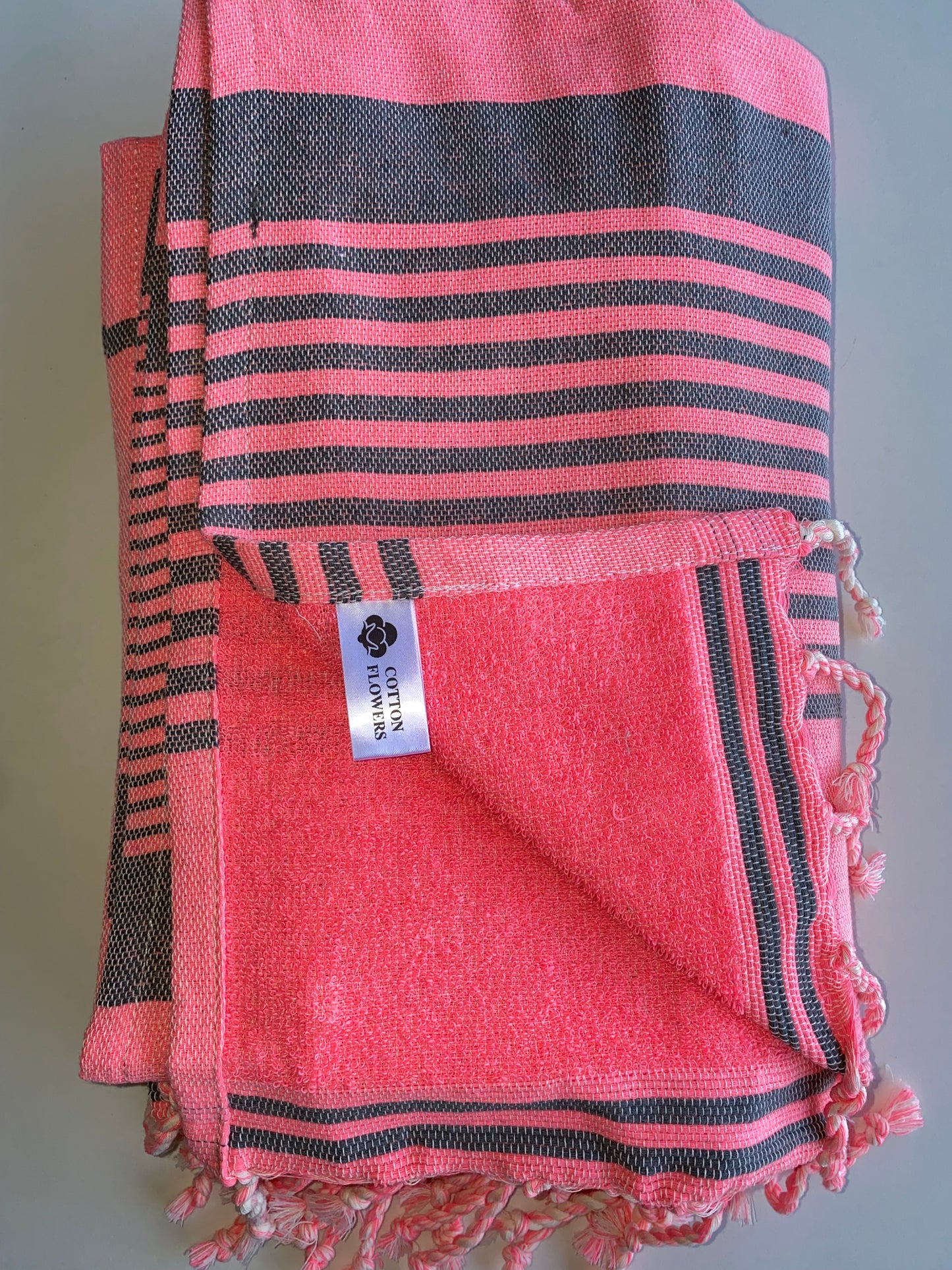 Fouta 100x200 cm rose fluo - Serviette bain & plage en coton recyclé (doublée éponge)