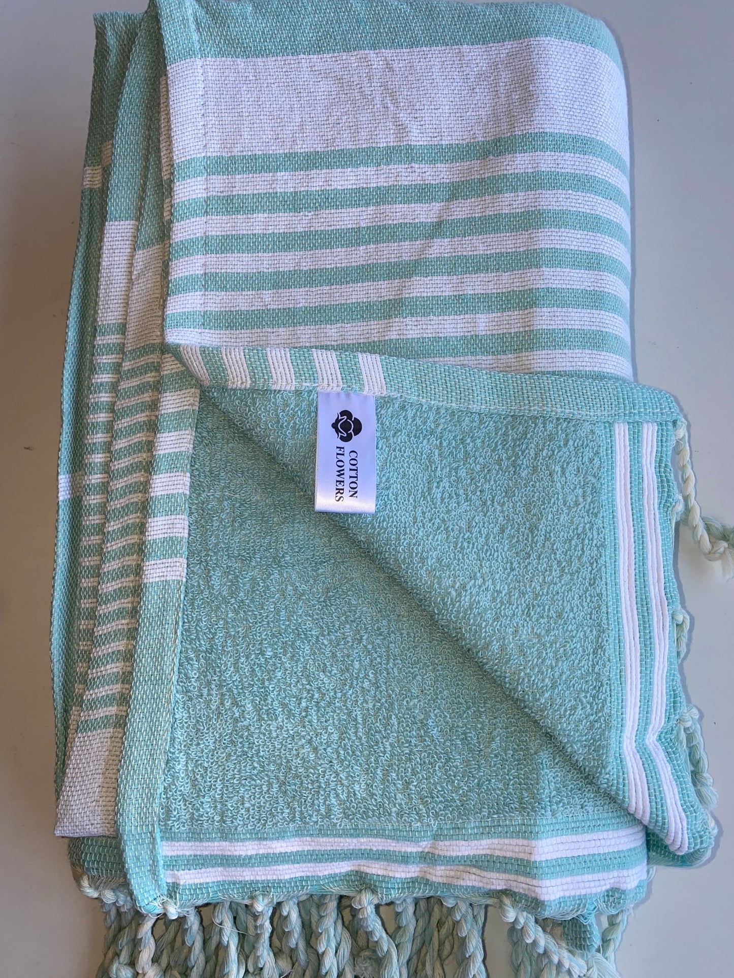 Fouta 100x200 cm vert d’eau - Serviette bain & plage en coton recyclé (doublée éponge)
