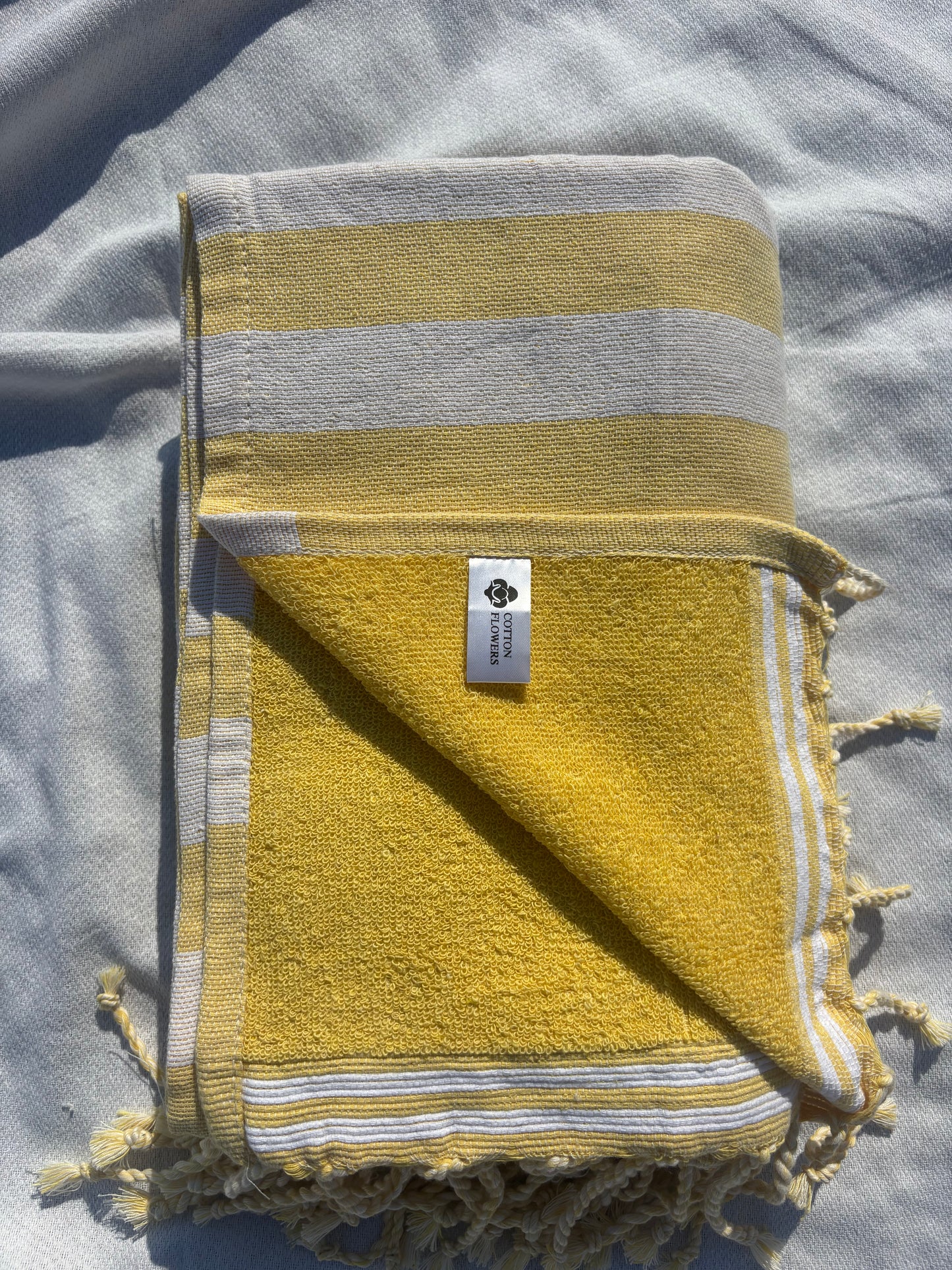 Fouta 100×200 cm jaune clair - Serviette bain & plage en coton recyclé (doublée éponge)