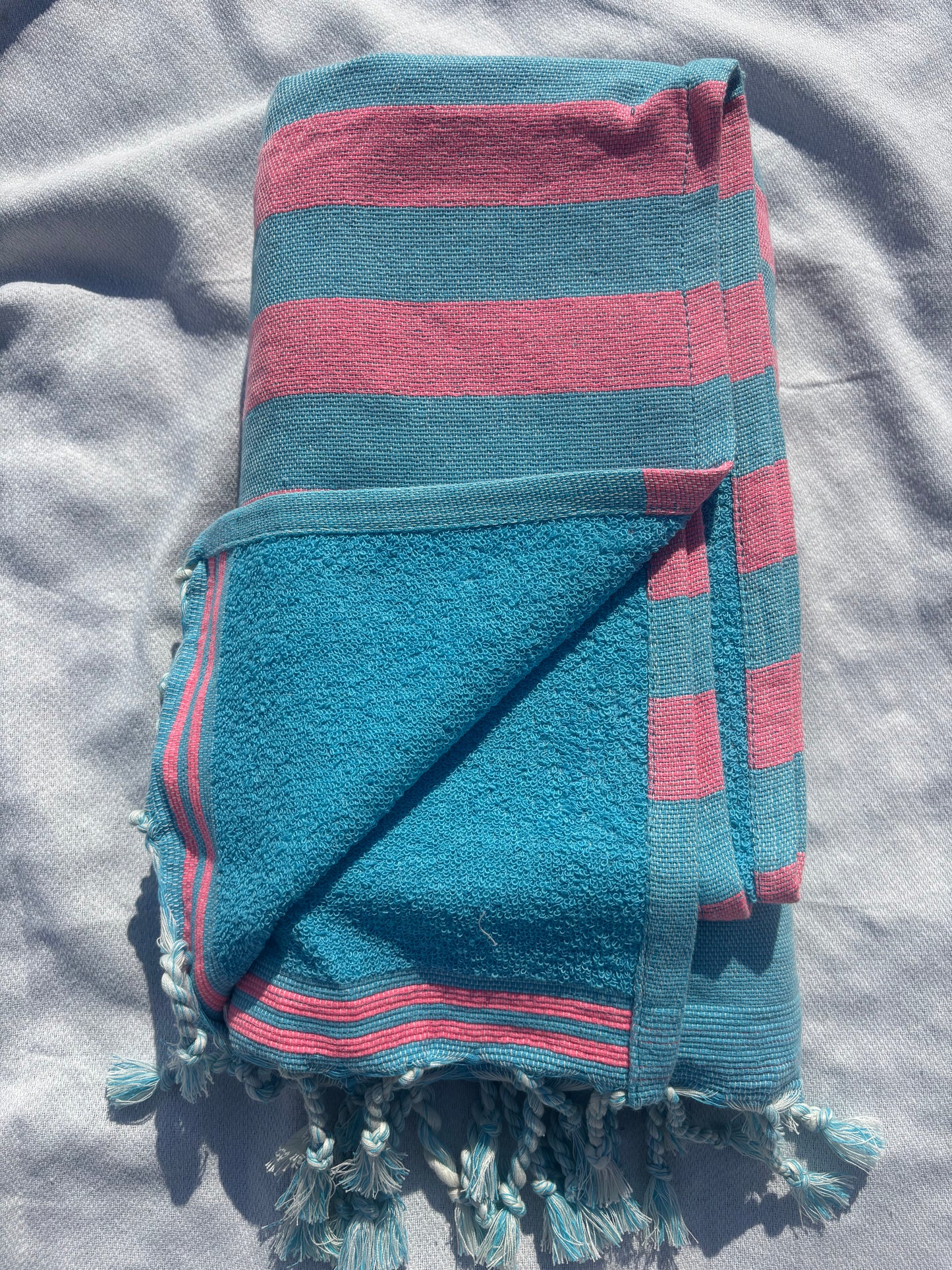 Fouta 100×200 cm bleu et rose - Serviette bain & plage en coton recyclé (doublée éponge)
