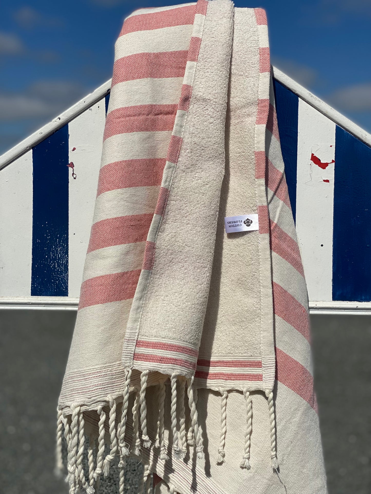 Fouta 100x200 cm écru rose - Serviette bain & plage en coton recyclé (doublée éponge)