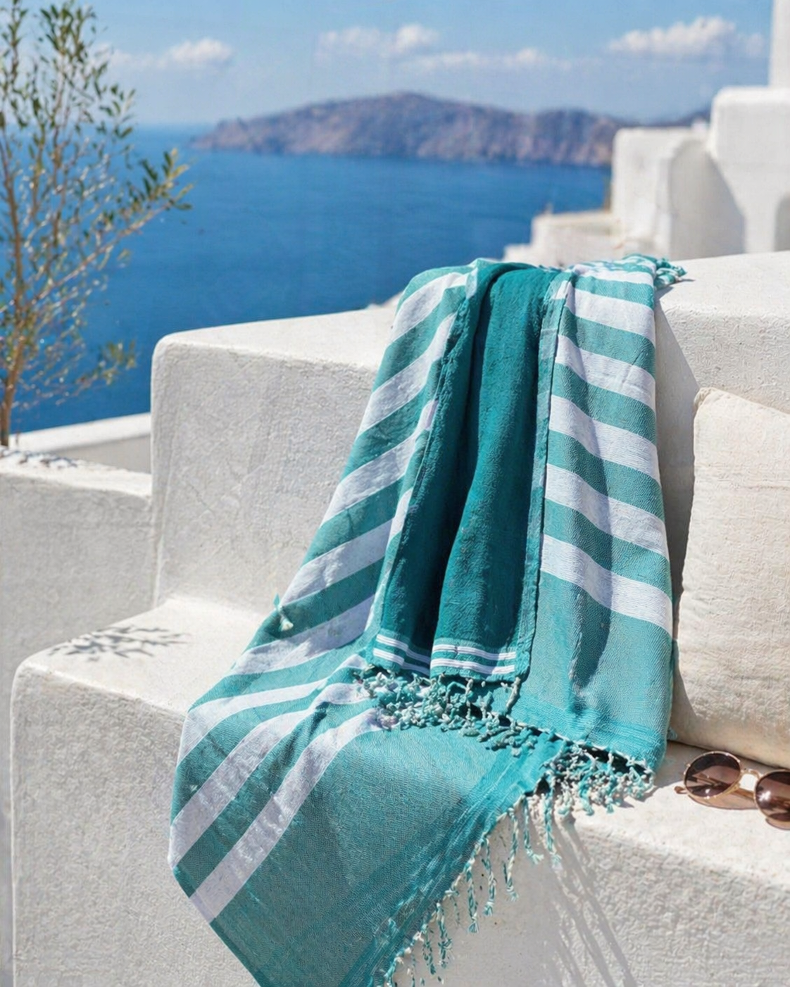 Fouta 100x200 cm bleu canard – Serviette bain & plage en coton recyclé (doublée éponge)