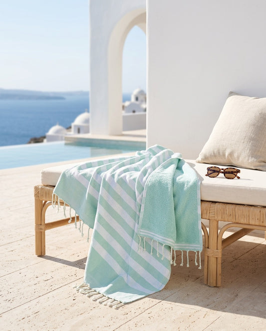Fouta 100x200 cm vert d'eau – Serviette bain & plage en coton recyclé (doublée éponge)