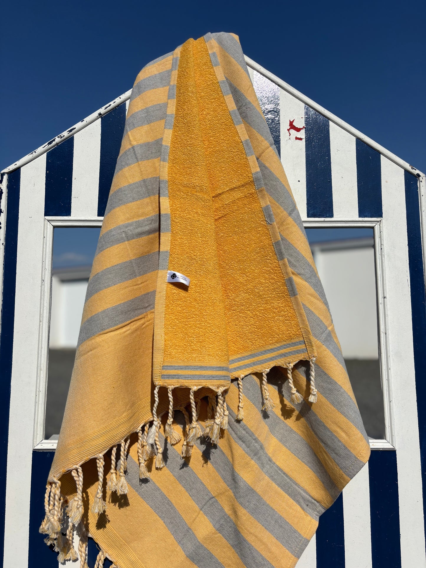 Fouta 100×200 cm jaune et gris - Serviette bain & plage en coton recyclé (doublée éponge)