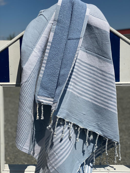 Fouta 100x200 cm bleu ciel - serviette bain & plage en coton recyclé (doublée éponge)
