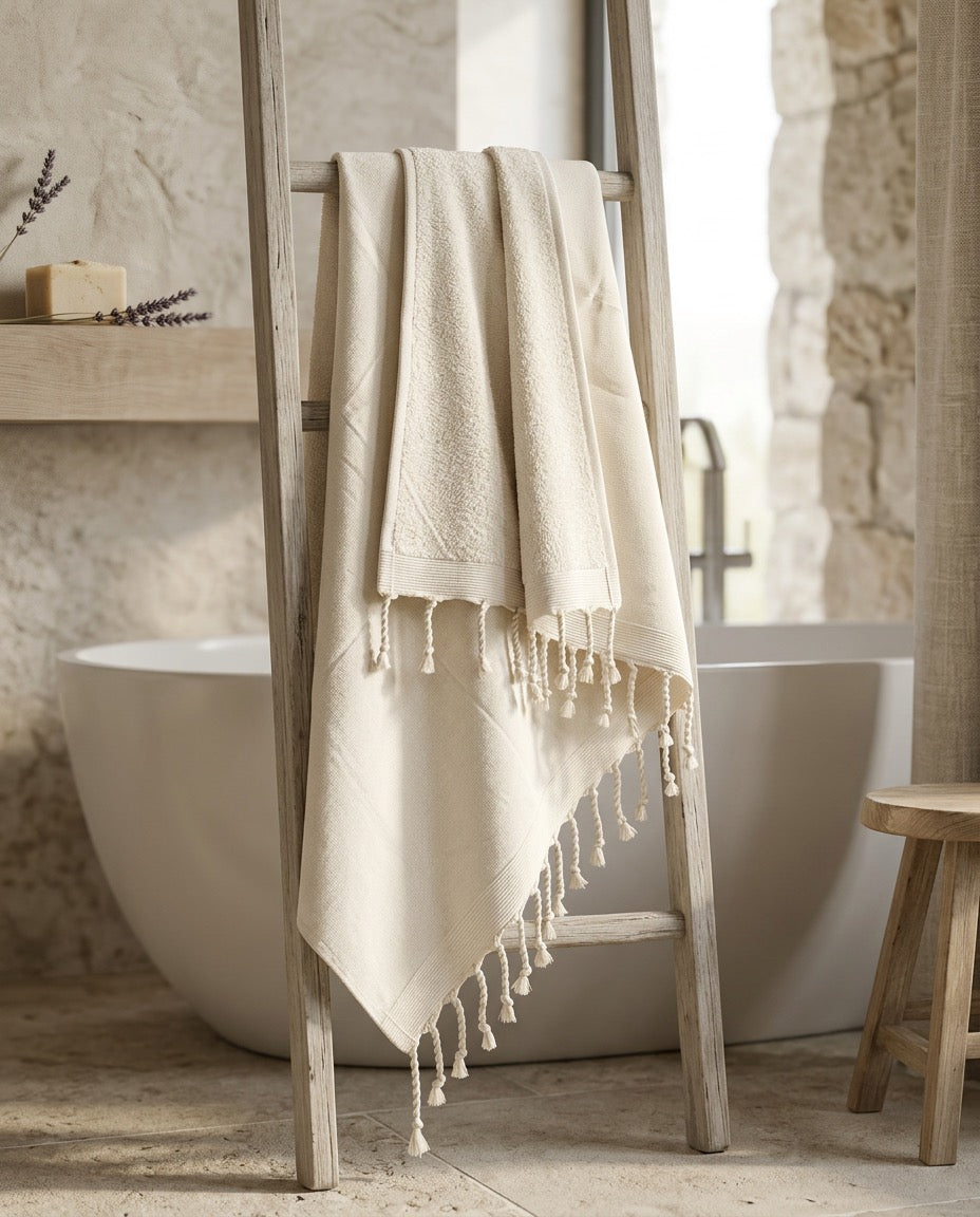 Fouta 100x200 cm écru – Serviette bain & plage en coton recyclé (doublée éponge)