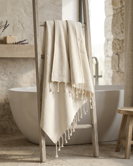 Fouta 100x200 cm écru – Serviette bain & plage en coton recyclé (doublée éponge)