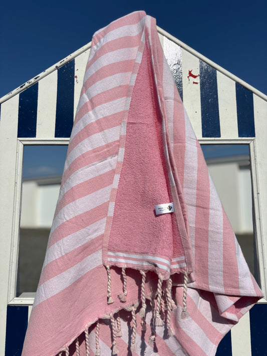 Fouta 100×200 cm rose clair - Serviette bain & plage en coton recyclé (doublée éponge)