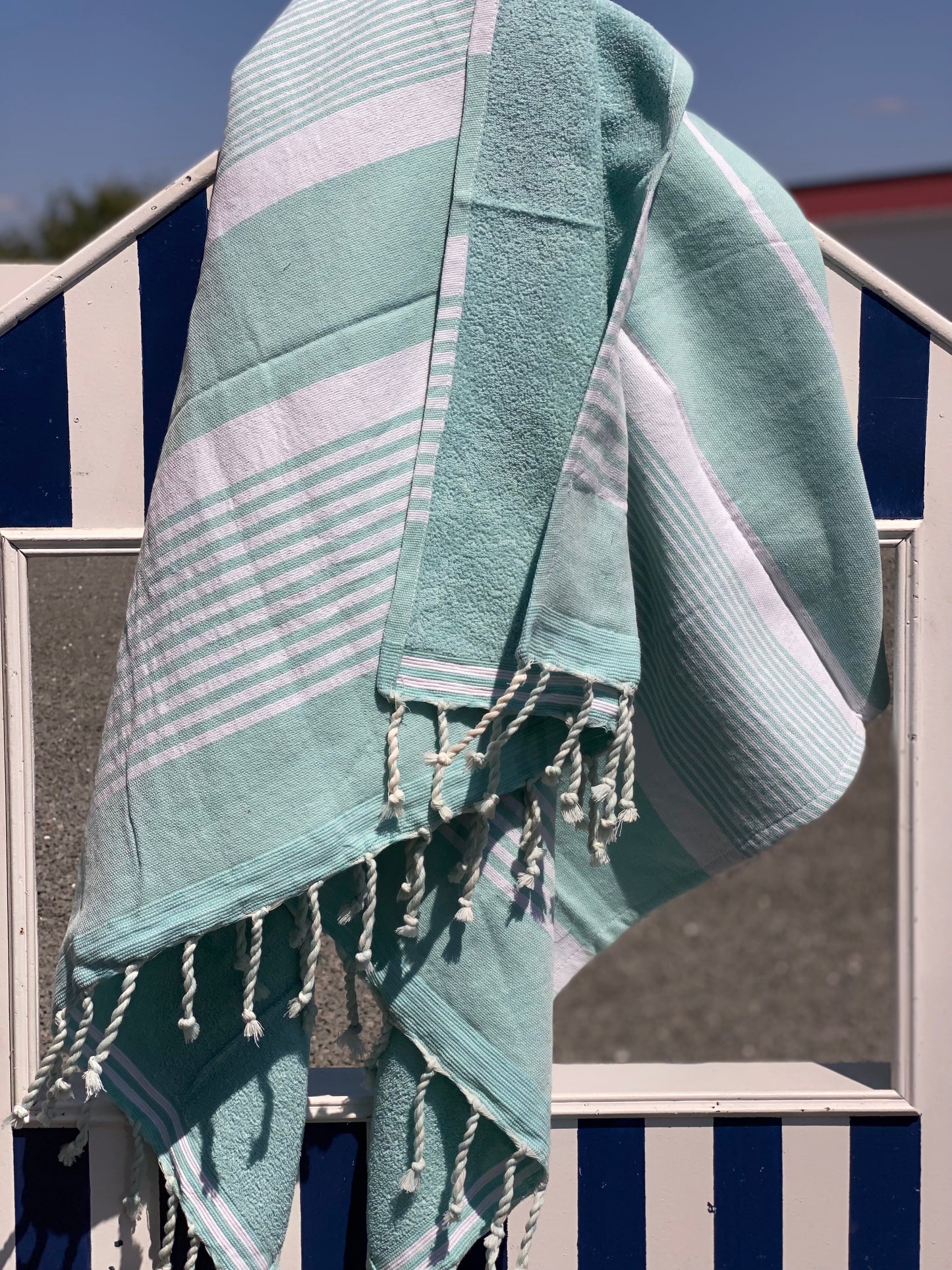 Fouta 100x200 cm vert d’eau - Serviette bain & plage en coton recyclé (doublée éponge)