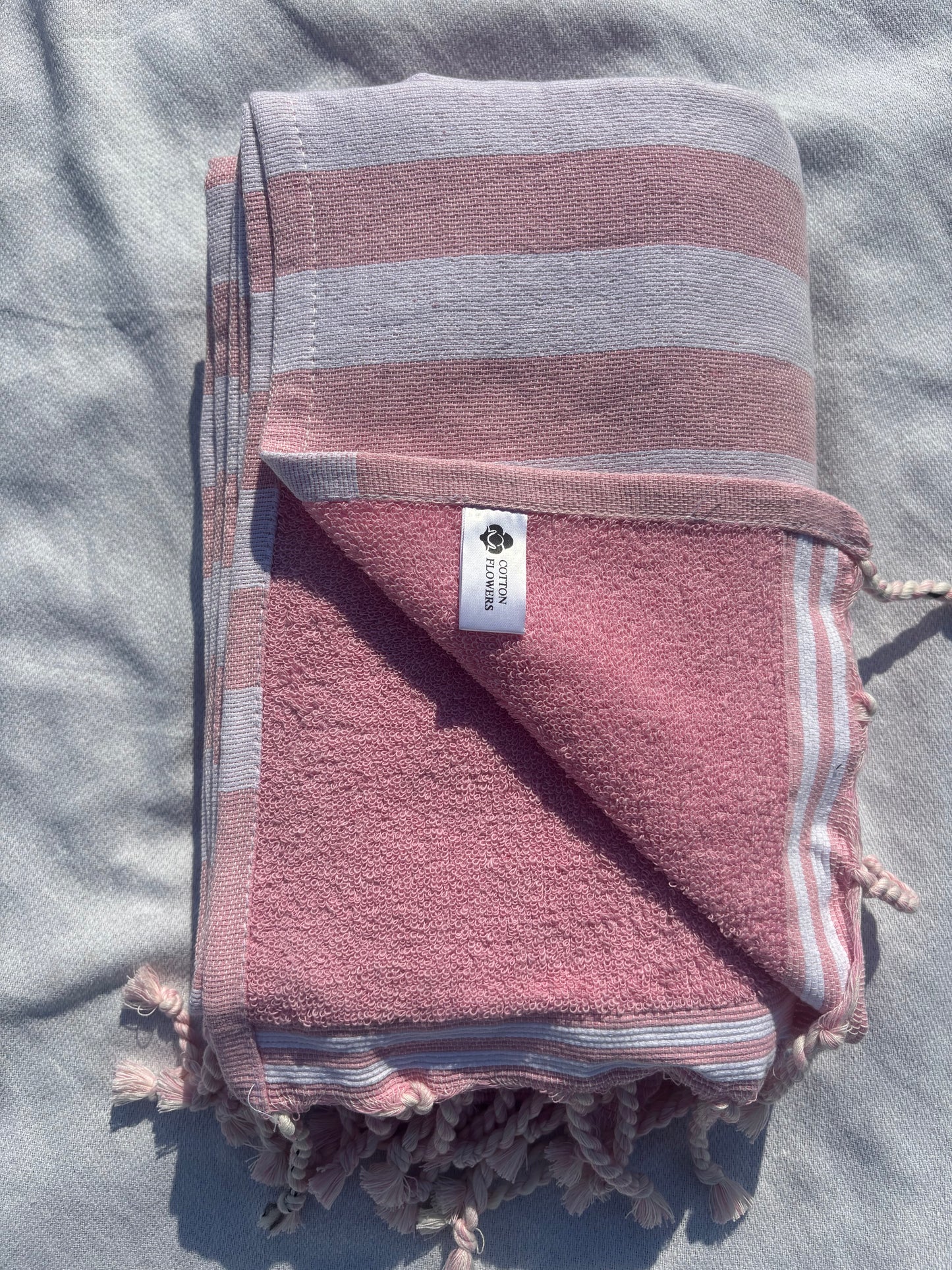 Fouta 100×200 cm rose clair - Serviette bain & plage en coton recyclé (doublée éponge)