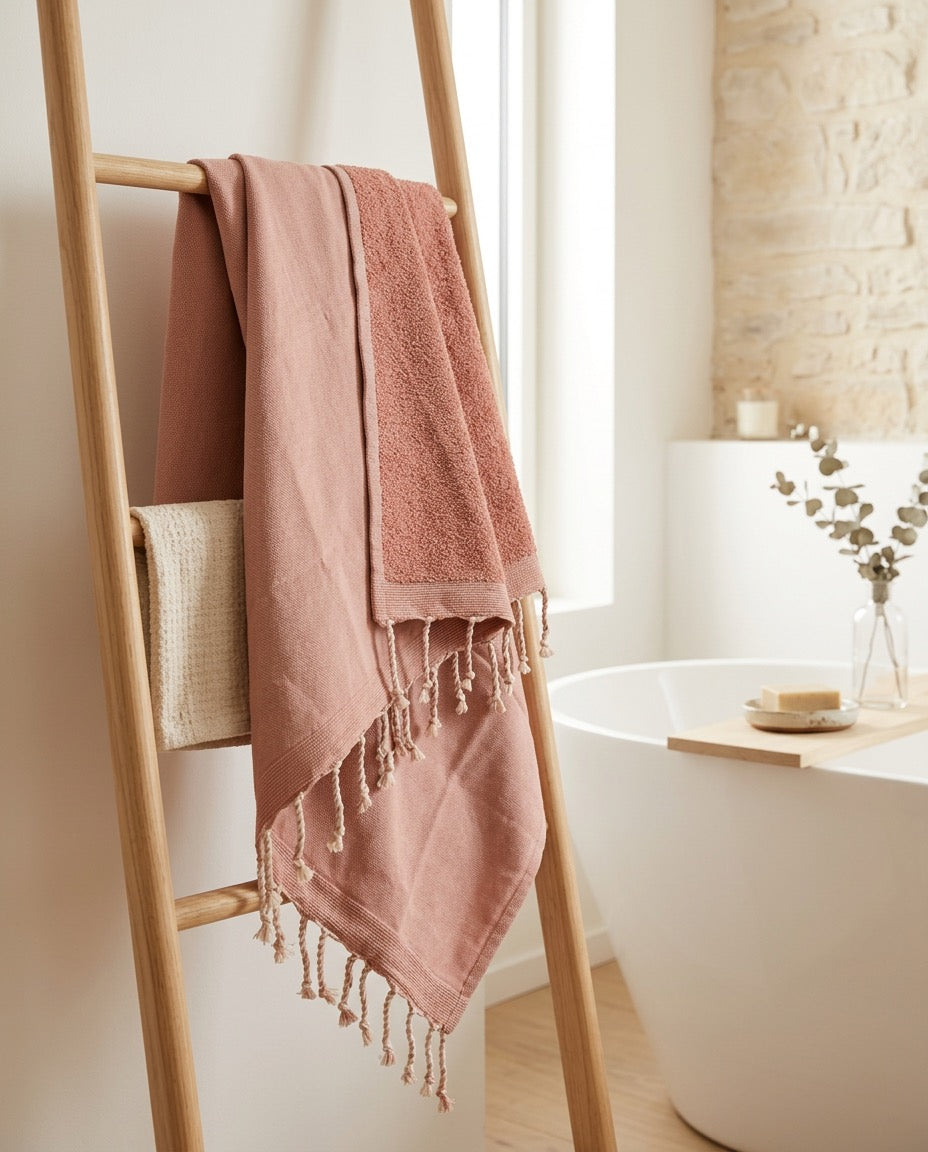 Fouta 100x200 cm rose poudré – Serviette bain & plage en coton recyclé (doublée éponge)