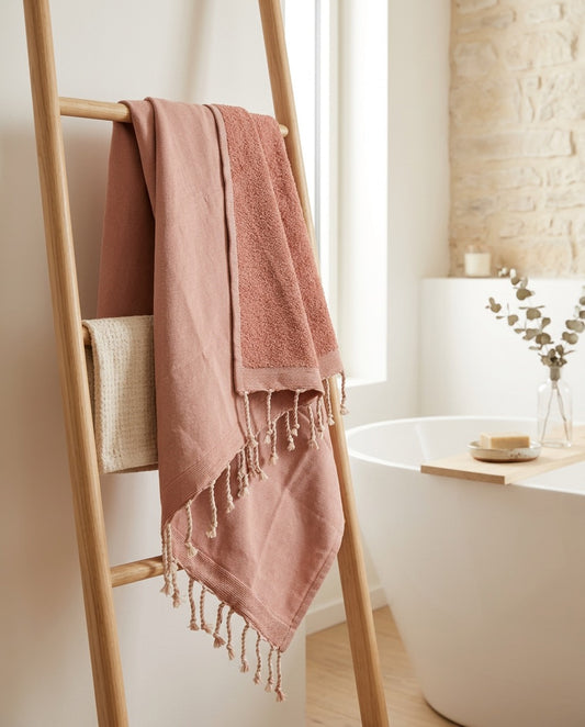 Fouta 100x200 cm rose poudré – Serviette bain & plage en coton recyclé (doublée éponge)