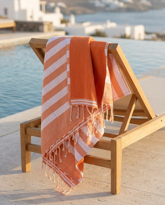 Fouta 100x200 cm orange – Serviette bain & plage en coton recyclé (doublée éponge)