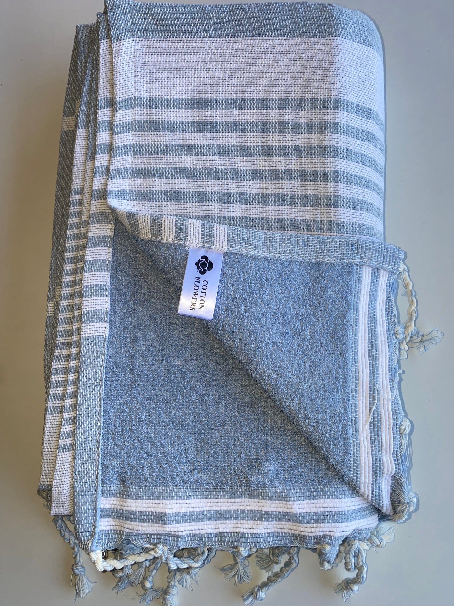 Fouta 100x200 cm bleu ciel - serviette bain & plage en coton recyclé (doublée éponge)