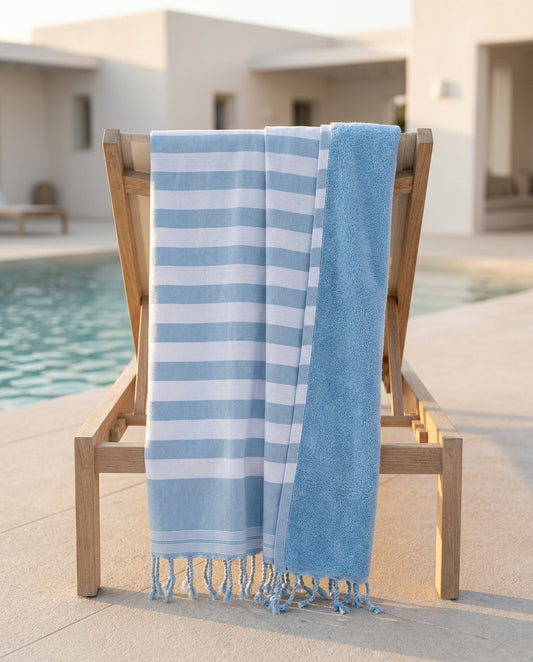 Fouta 100x200 cm bleu ciel – Serviette bain & plage en coton recyclé (doublée éponge)