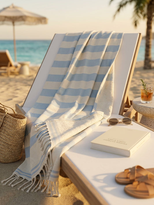 Fouta 100x200 cm écru bleu ciel - serviette de bain & plage en coton recyclé (doublée éponge)