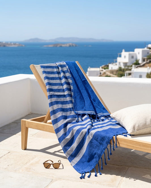 Fouta 100x200 cm bleu roi - Serviette bain & plage en coton recyclé (doublée éponge)