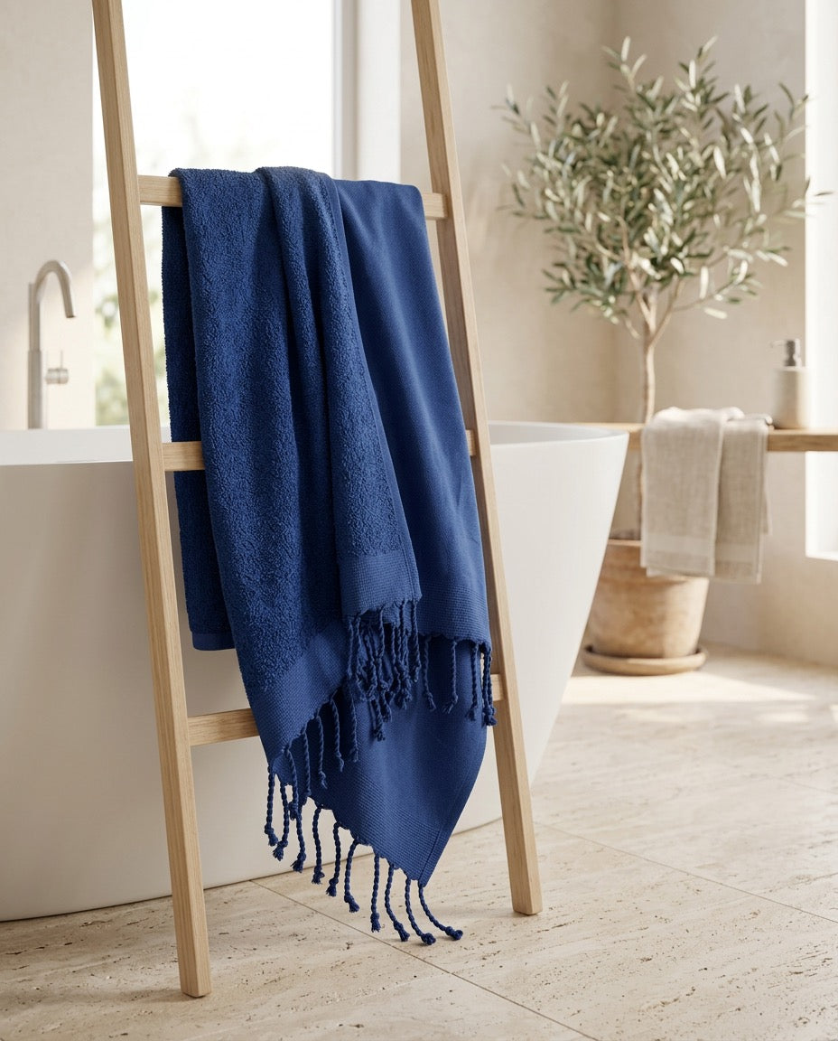 Fouta 100x200 cm Bleu roi - Serviette bain & plage en coton recyclé (doublée éponge)