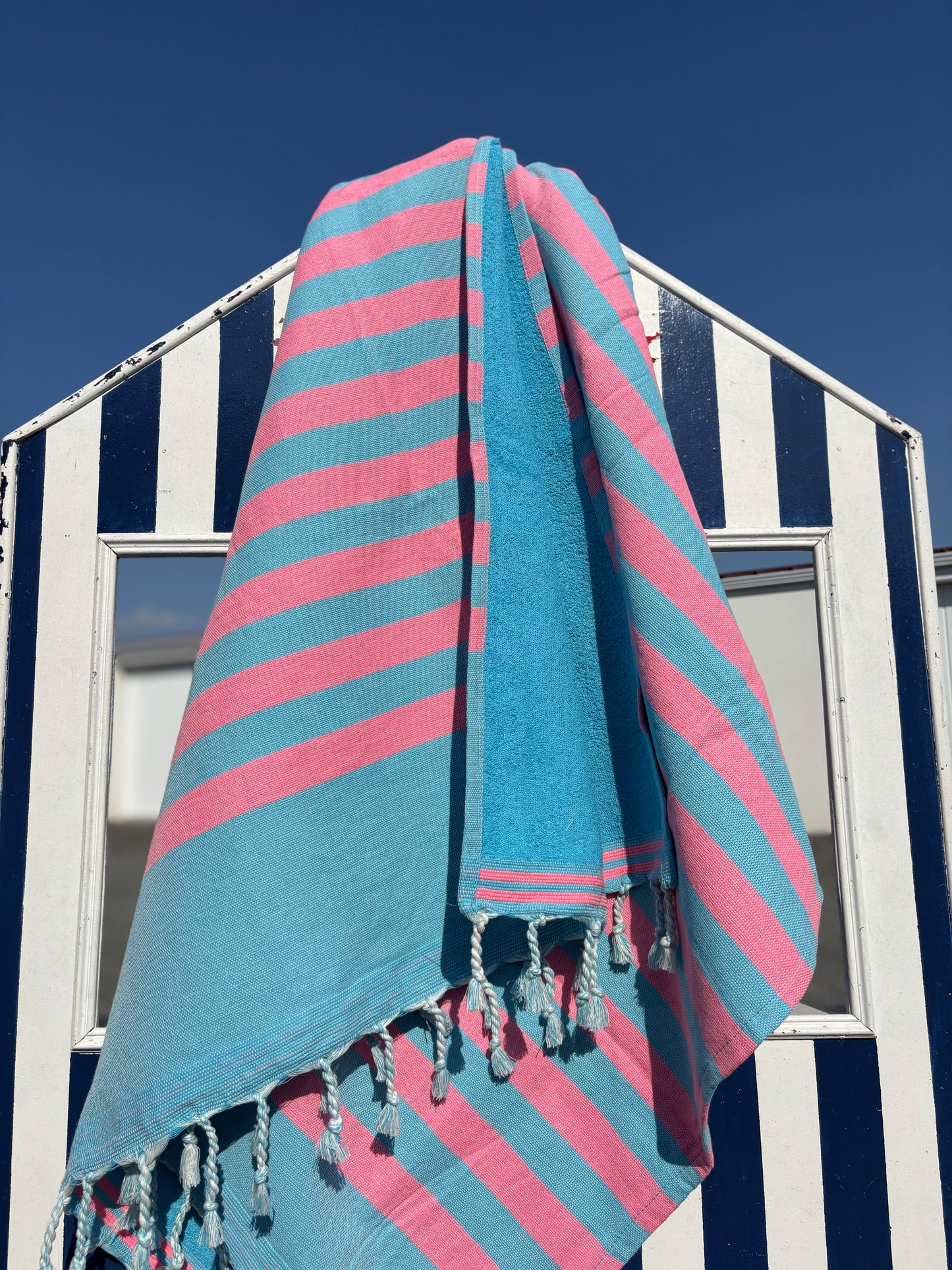 Fouta 100×200 cm bleu et rose - Serviette bain & plage en coton recyclé (doublée éponge)