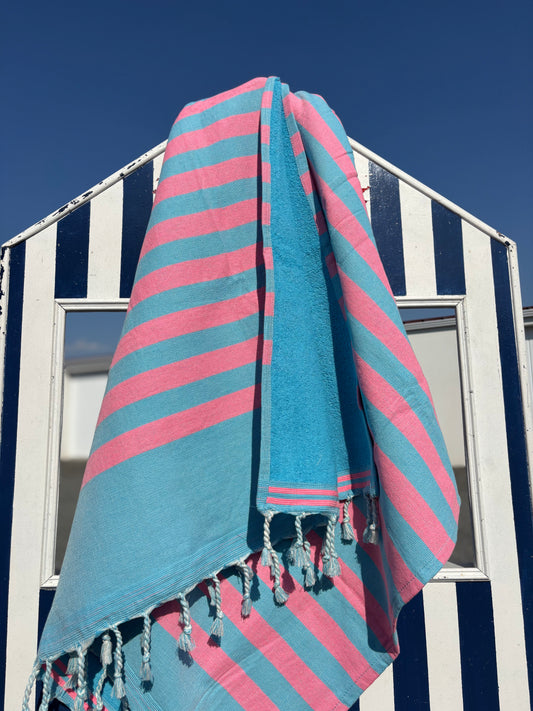 Fouta 100×200 cm bleu et rose - Serviette bain & plage en coton recyclé (doublée éponge)