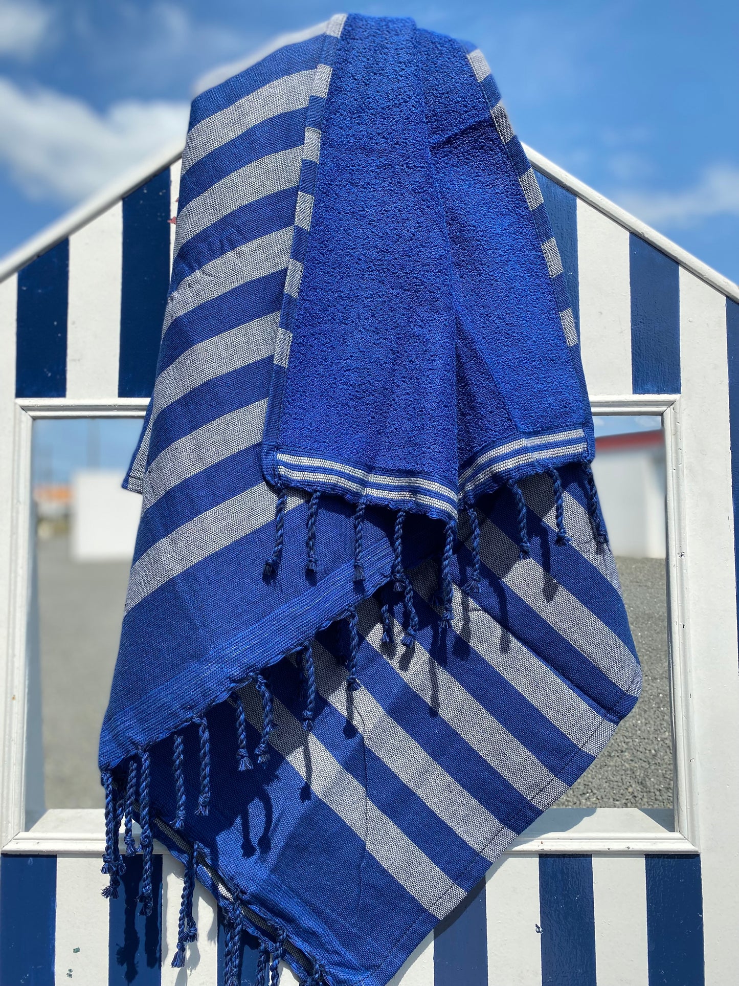 Fouta 100x200 cm bleu roi - Serviette bain & plage en coton recyclé (doublée éponge)