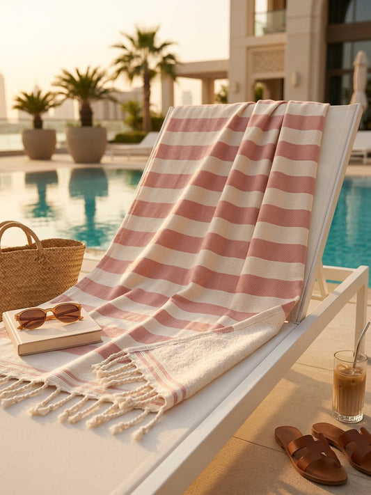 Fouta 100x200 cm écru rose - Serviette bain & plage en coton recyclé (doublée éponge)