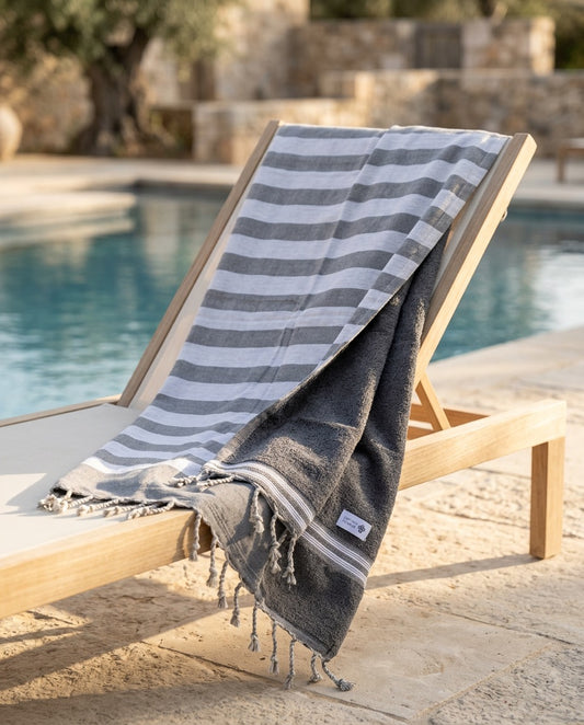 Fouta 100x200 cm gris foncé – Serviette bain & plage en coton recyclé (doublée éponge)