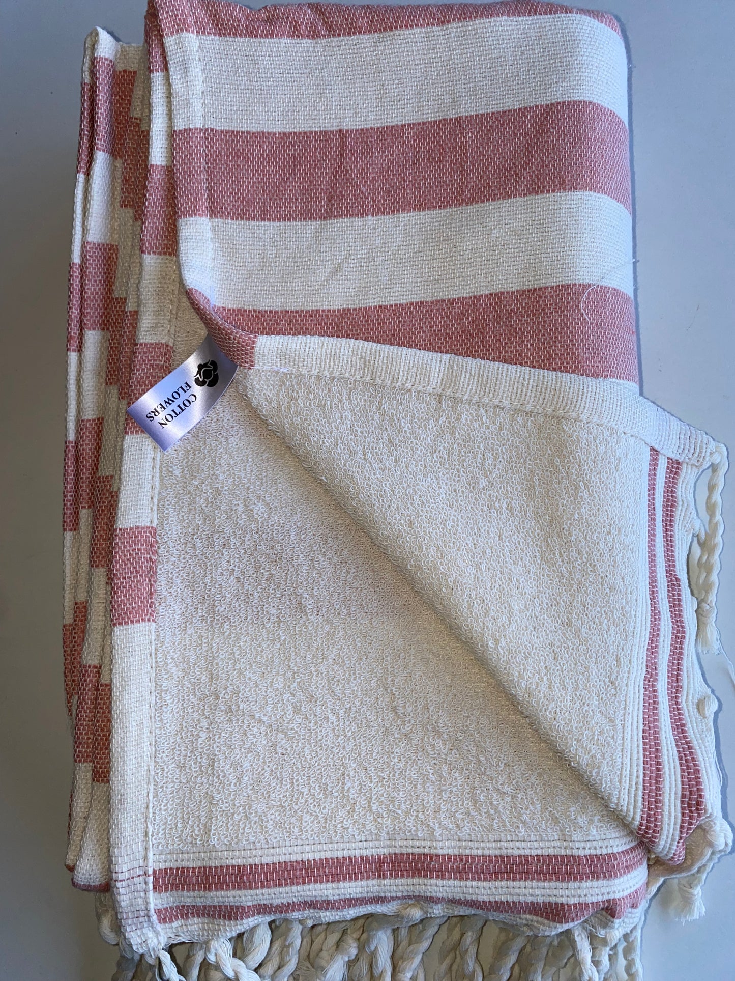 Fouta 100x200 cm écru rose - Serviette bain & plage en coton recyclé (doublée éponge)