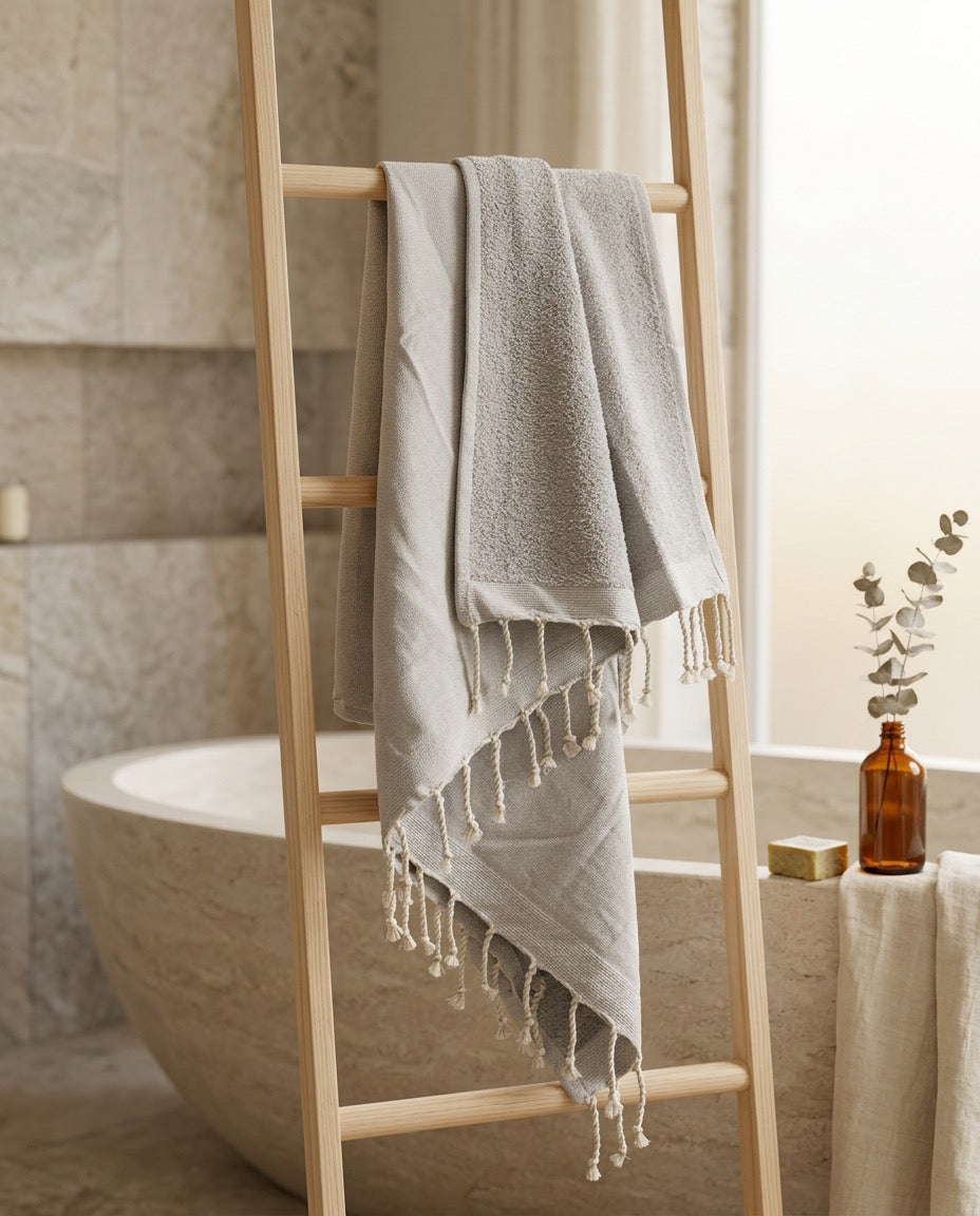 Fouta 100x200 cm gris clair – Serviette bain & plage en coton recyclé (doublée éponge)