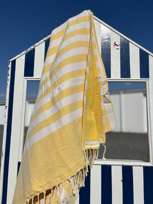 Fouta 100×200 cm jaune clair - Serviette bain & plage en coton recyclé (doublée éponge)