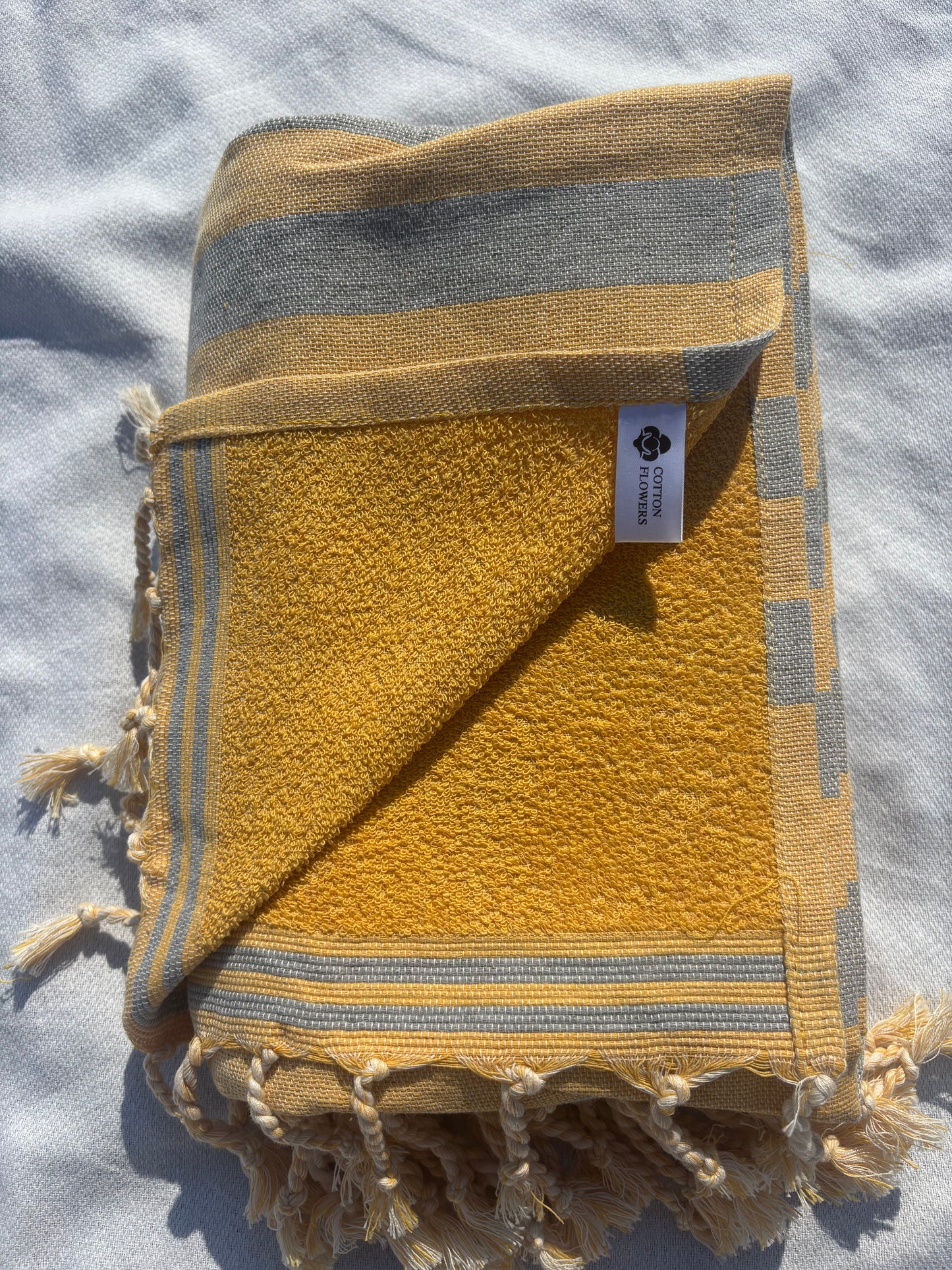 Fouta 100×200 cm jaune et gris - Serviette bain & plage en coton recyclé (doublée éponge)