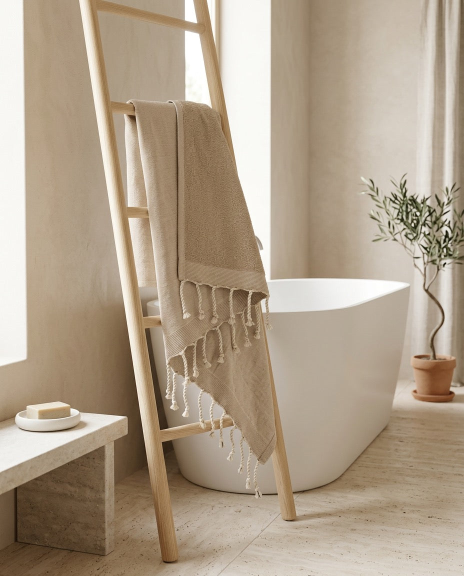 Fouta 100x200 cm beige – Serviette bain & plage en coton recyclé (doublée éponge)