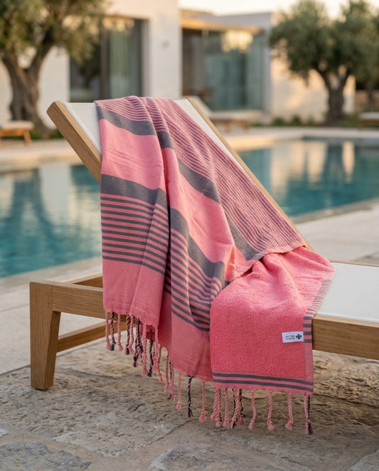 Fouta 100x200 cm rose fluo - Serviette bain & plage en coton recyclé (doublée éponge)