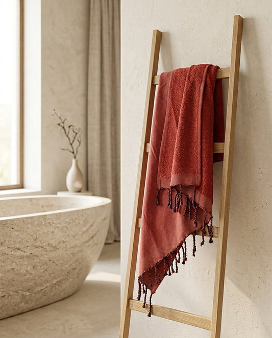 Fouta 100x200 cm rouge – Serviette bain & plage en coton recyclé (doublée éponge)