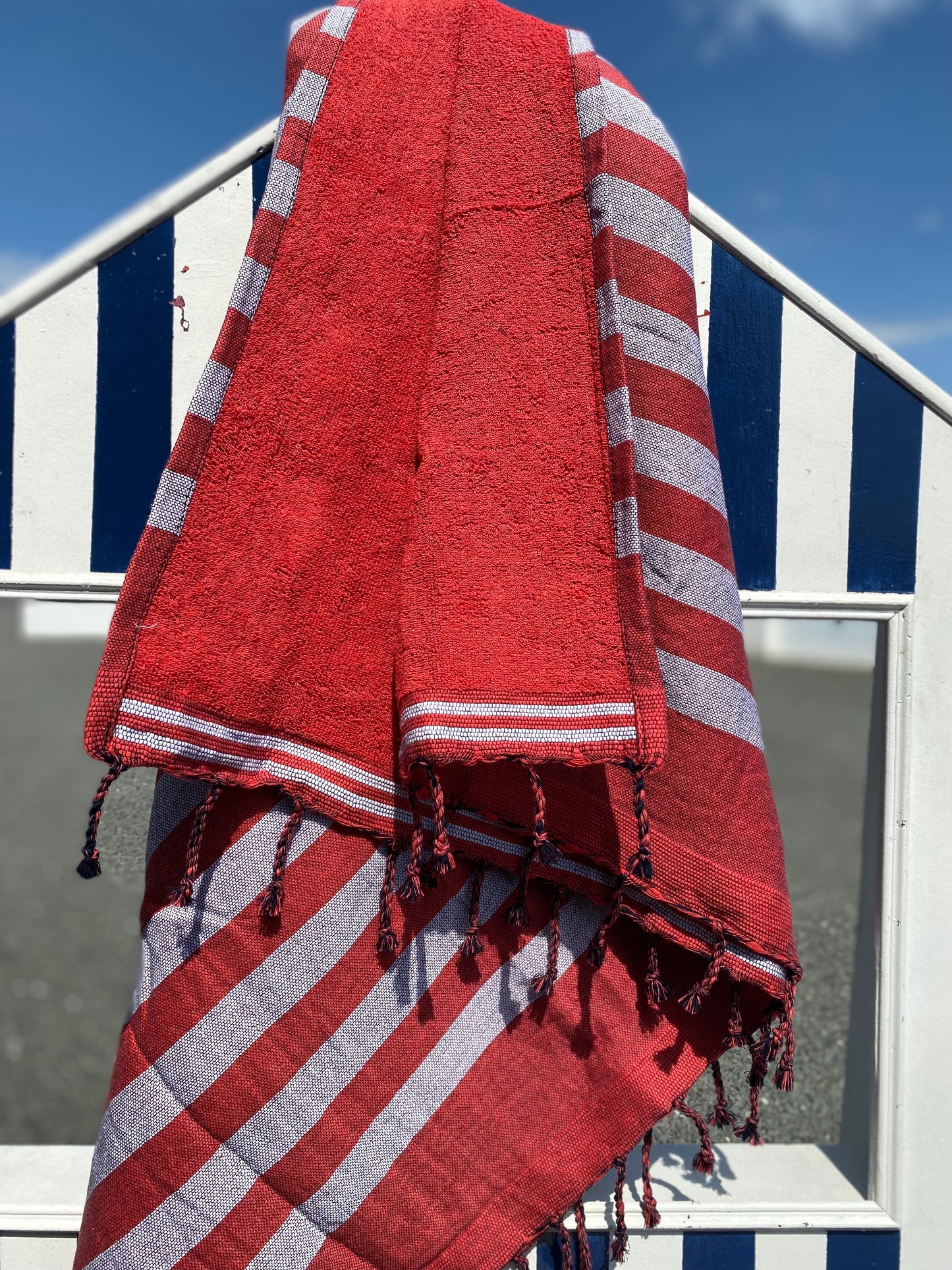 Fouta 100x200 cm rouge - Serviette bain & plage en coton recyclé (doublée éponge)