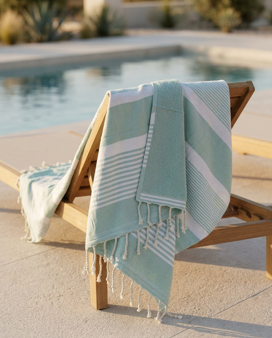 Fouta 100x200 cm vert d’eau - Serviette bain & plage en coton recyclé (doublée éponge)