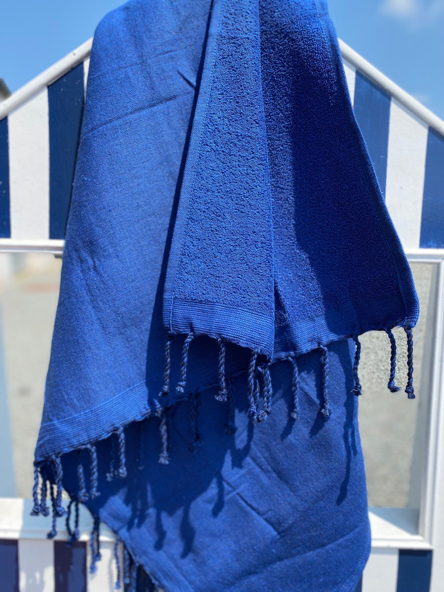 Fouta 100x200 cm Bleu roi - Serviette bain & plage en coton recyclé (doublée éponge)