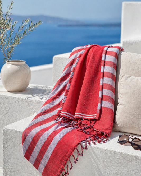 Fouta 100x200 cm rouge - Serviette bain & plage en coton recyclé (doublée éponge)