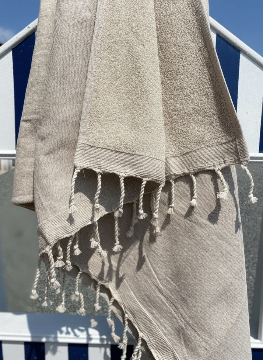 Fouta 100x200 cm beige – Serviette bain & plage en coton recyclé (doublée éponge)